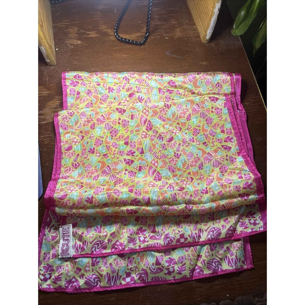 ACUTE Vintage Bright Pink‎ Orange Multi Print Silk Rectangle Scarf